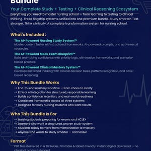 May include: A digital educational product titled The NurseMastery Signature Series Bundle, featuring a gold graduation cap icon. It outlines a study, testing, and clinical reasoning system for nursing students, delivered as downloadable PDF files.