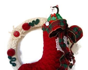 Red Christmas Stocking Wreath Felted Wool Holiday Cat Wreath