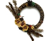 Fall Wool Wreath Thanksgiving Bird Wreath Autumn Animal Print Wreath Yellow and Brown Sweater Wreath