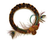 Amber Wool Peacock Feather Wreath Felted Wool Wreath in Earthtones