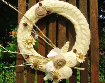 Neutral Holiday Wreath White Christmas Knitted Cable Wreath Ivory and Gold Wreath