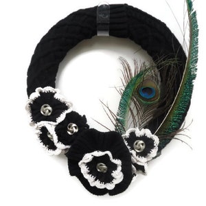 Peacock Feather Wreath Black and White Knitted Wreath Upcycled Sweater Wreath