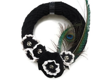 Peacock Feather Wreath Black and White Knitted Wreath Upcycled Sweater Wreath