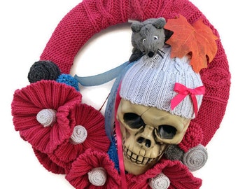 Raspberry Halloween Skull Wreath