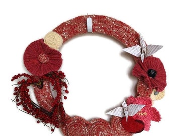 Coral and Red Valentine Knitted Wreath