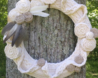 Neutral Ivory and Mocha Cable Knit Wreath