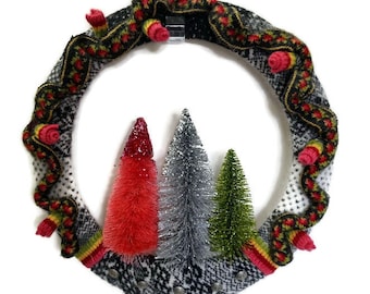 Bright Christmas Wreath with Bottle Brush Trees Fair Isle Wool Sweater