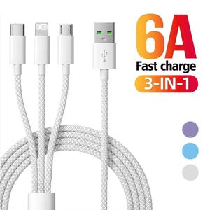 May include: A white 3-in-1 fast charge cable with a braided texture. The cable features a USB-A connector on one end and splits into three separate connectors: USB-C, Lightning, and Micro-USB. The text 6A Fast charge 3-IN-1 is visible.