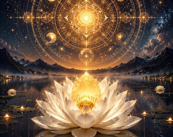 Loto de Luz Cósmica Un radiante loto blanco florece en un lago apacible, simbolizando la pureza, la renovación y el despertar espiritual.