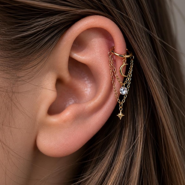 14g/16g/18g 6mm-12mm Dainty Celestial Star or Moon Helix Chain Piercing, Conch Hoop Charm Earring