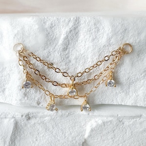 Dainty Industrial Barbell Diamond CZ Triple Chain (only) for Piercing, Helix Chain Piercing, Earring Chain, Conch Chain Piercing 14g, 16g