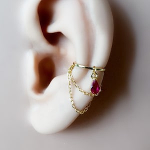 Non Piercing Clip On Cuff Zierliche Rosa Rubin CZ Teardrop Doppel-Kette Helix-Piercing, Knorpel Piercing, Muschel Creolen, Muschel Clip