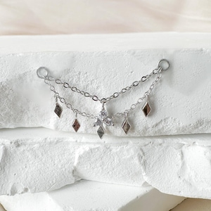 Sierlijke industriële halterketting diamant CZ dubbele ketting (alleen) voor piercing, helixkettingpiercing, oorbelketting, conch kettingpiercing 14 g, 16 g