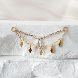 Sierlijke industriële halterketting diamant CZ dubbele ketting (alleen) voor piercing, helixkettingpiercing, oorbelketting, conch kettingpiercing 14 g, 16 g