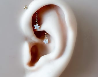 Dainty Star Crystal F136 Titanium 16G 18g Push Pin Flat Back Vertical Helix Piercing, Vertical hidden rook piercing, industrial bar