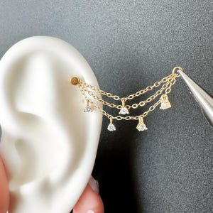 Sierlijke industriële halterketting diamant CZ drievoudige ketting (alleen) voor piercing, helixkettingpiercing, oorbelketting, conch kettingpiercing 14 g, 16 g