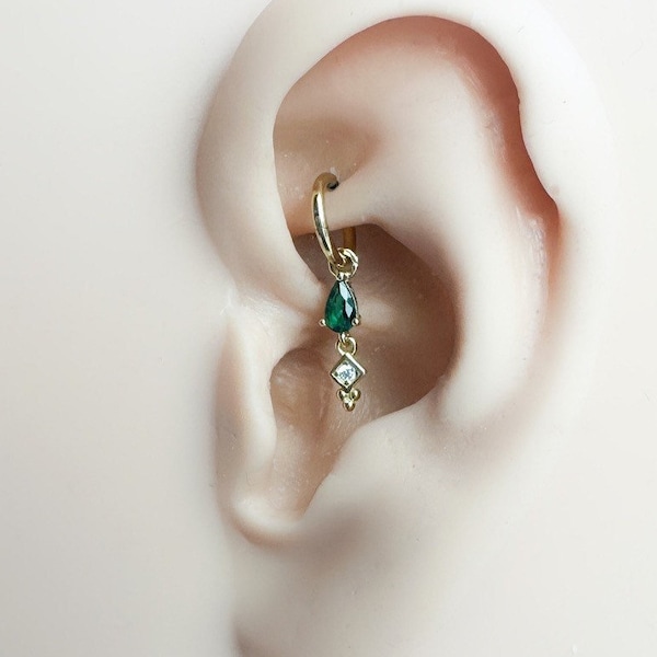 16g 18g 6mm Dainty Emerald Dangle Hoop Charm, sterling silver, 18k gold plated rook hoop, hoop huggies, cartilage piercing, helix hoop charm