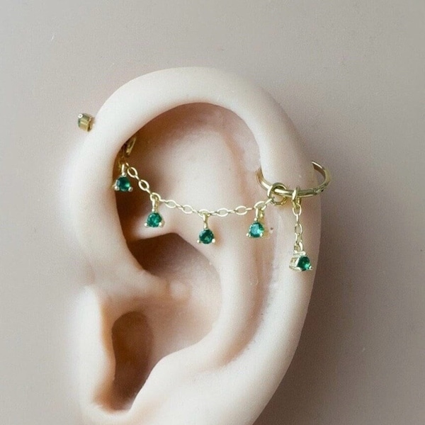 Cadena de esmeralda con barra industrial delicada (solo) para piercing, piercing de hélice, arete de cadena y piercing de caracola (14 g, 16 g y 18 g)