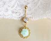 Customize color, Mint seafoam green mini rose bud filigree gold belly ring, body piercing, belly button rings