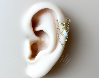 6mm, 8mm Dainty Opal Teardrop Double Chain Helix Piercing, cartilage piercing, hoop huggies,chain earrings, helix hoops, 16g stainless