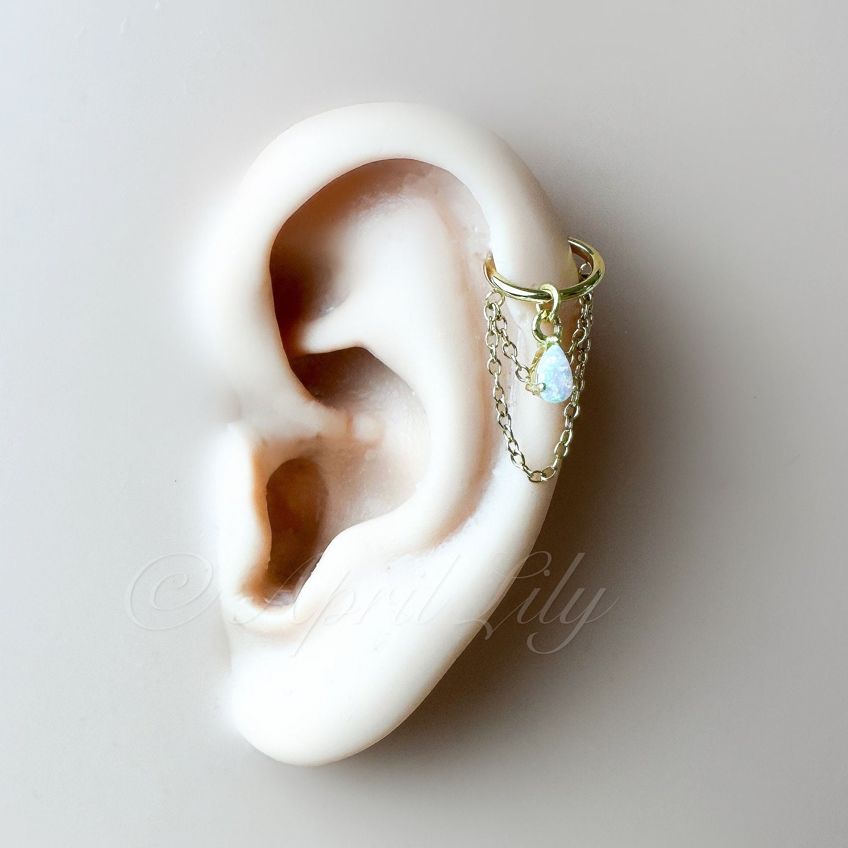 6mm-12mm Dainty Emerald Teardrop Double Chain Helix Piercing, hoop huggies, chain earrings, helix hoops, 16g 18g stainless