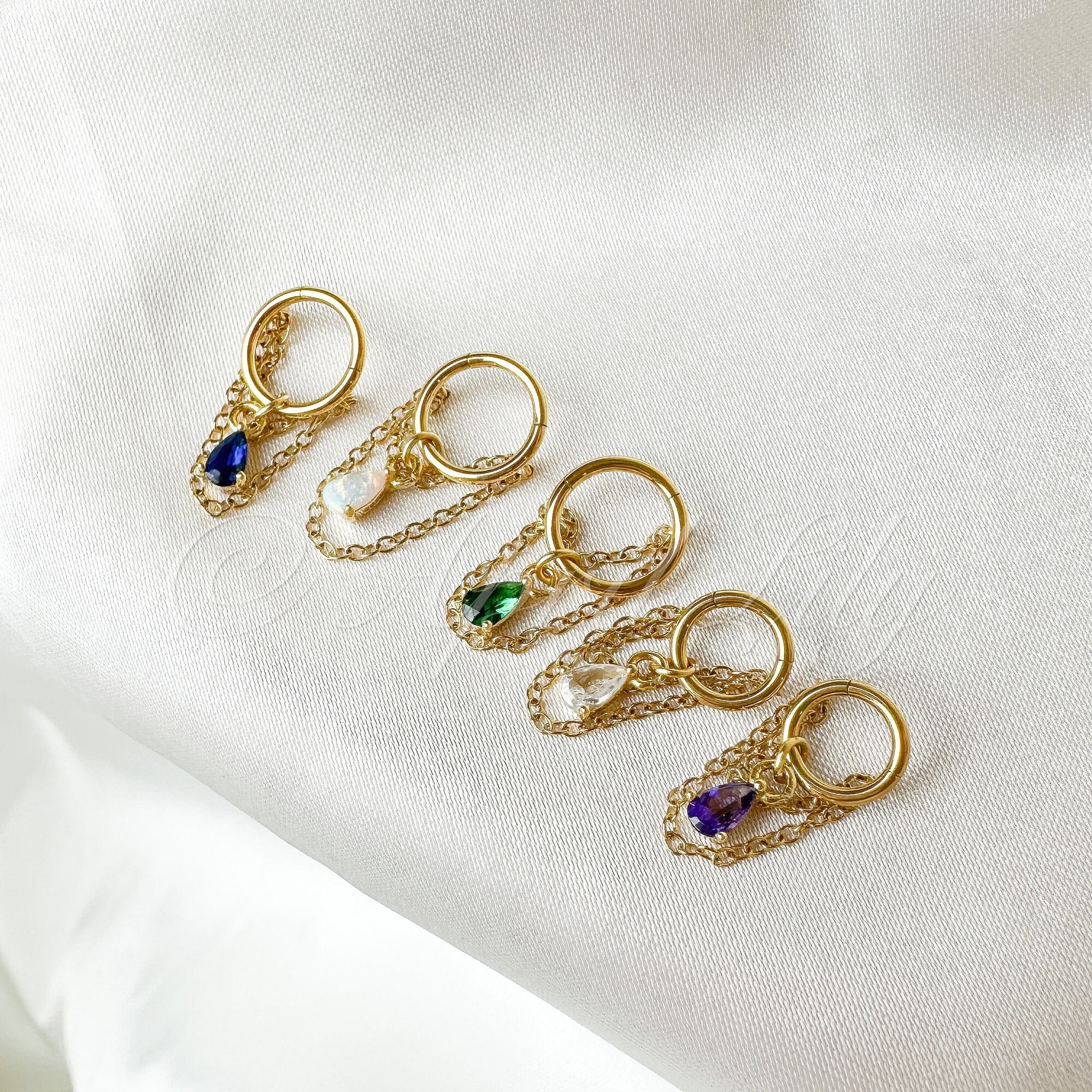 6mm-12mm Dainty Emerald Teardrop Double Chain Helix Piercing, hoop huggies, chain earrings, helix hoops, 16g 18g stainless