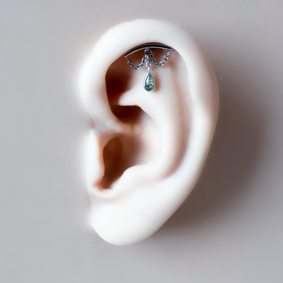 Dainty Hidden Helix Piercing 16g Titanium Camellia Moss Agate Flat Piercing, Helix Labret, Cartilage Piercing, Chain Piercing 6mm 7mm 8mm - Etsy Japan