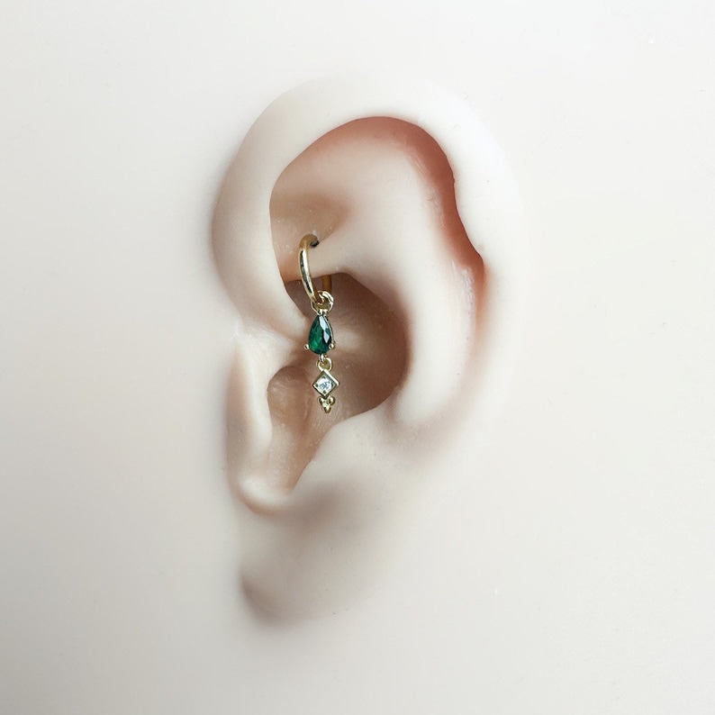 Dangle Hoop Rook Earing 16g 18g 6mm 8mm Dainty Rook Emerald Dangle Hoop Charm, Sterling Silver ...