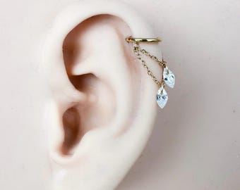 16g 18g 6mm 8mm 10mm 12mm Cecil Double Diamond CZ Charm Surgical Steel Chain Hoop conch, helix piercing hoop , conch hoop, gold hoop,