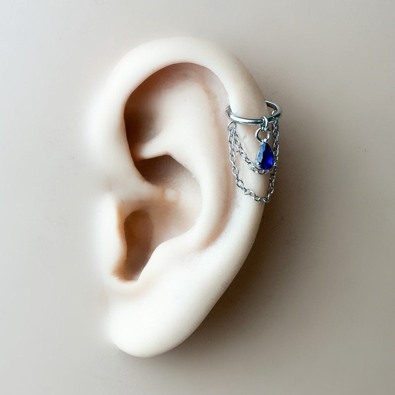 6mm-12mm, Dainty Emerald Teardrop Double Chain Helix Piercing, cartilage piercing, hoop huggies, helix hoops, 16g 18g stainless image 2