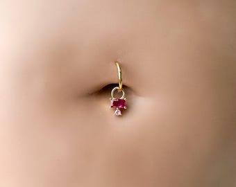 16g 14g dainty pink ruby hoop belly ring, stainless steel silver or gold, belly piercings, 8mm or 10mm, hoop piercing, belly hoop
