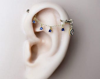 Dainty industrial barbell sapphire cz chain (only) for piercing,chain for earring piercing, chain earring,conch chain piercing 14g, 16g, 18g
