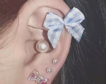 Cutest gingham bow titanium piercing, cute piercings, 16 gauge, surgical steel piercing, helix earrings, conch piercings, bow earrings