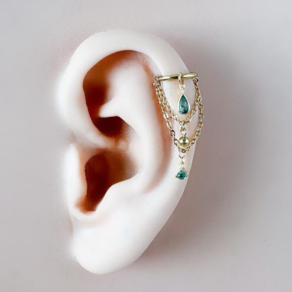 14g 16g 18g 6 mm-12 mm Zierliche Selene Moos Achat Doppelte Kette Helix Piercing, Muschelohrring, Kettenpiercing, Helix Hoop, Chirurgenstahl Clicker