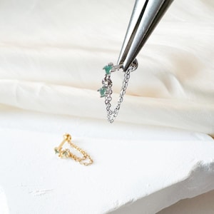 Dainty Double Chain Moss Agate Helix Piercing, cartilage piercing, hoop huggies, body piercing, chain earrings, helix hoops, minimalist