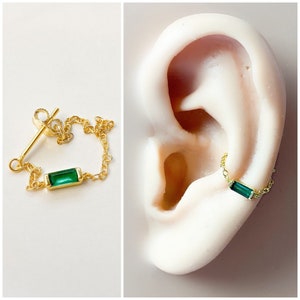 Dainty Emerald CZ Baguette Gold Chain conch piercing 18kt gold plated over sterling silver ring hoop jewelry cartilage piercing