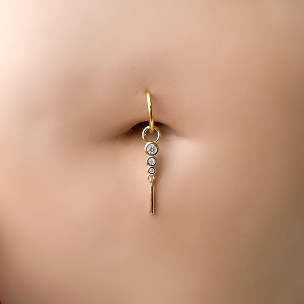 16g 14g Dainty Triple CZ Dangle Hoop Belly Ring, acero inoxidable plata u oro, piercings en el vientre, 8 mm o 10 mm, piercing de aro, aro en el vientre