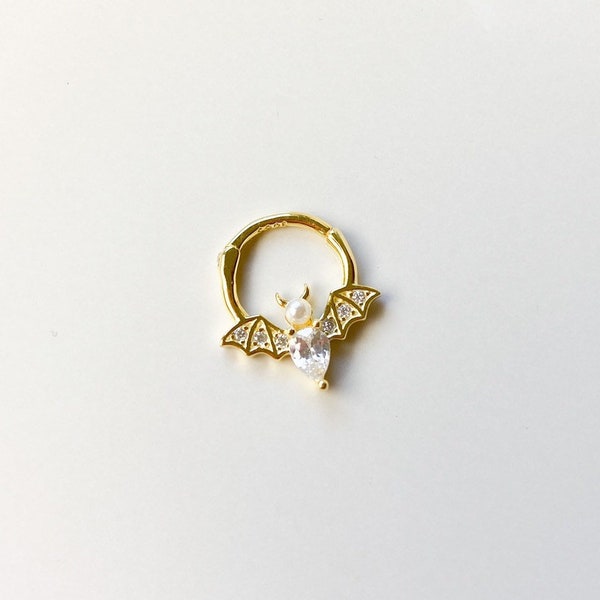 Dainty Bat with Pearl and CZ 18k gold plated sterling silver daith hoop, cz daith huggie, hoop huggies, cartilage piercing, septum ring 16g