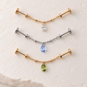 Waterproof threadless titanium industrial barbell pear cz charm satellite chain push pin labret for piercing, earring chain, 16g, 18g, 20g