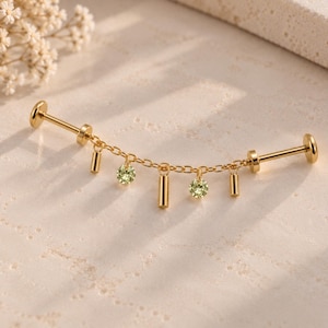 Waterproof threadless titanium industrial barbell marquise cz and bar charm chain push pin labret for piercing, earring chain, 16g, 18g, 20g