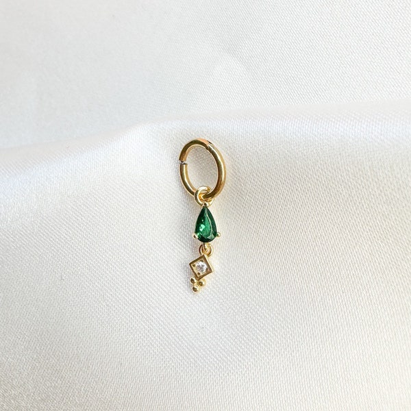 16g 18g 6mm 8mm Dainty Rook Emerald Dangle Hoop Charm, sterling silver, rook hoop, hoop huggies, cartilage piercing, helix hoop charm