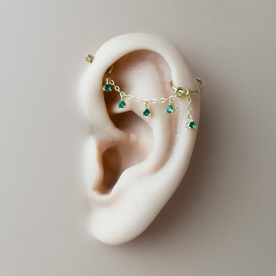 Dainty Industrial Barbell Emerald Chain only for Piercing Helix