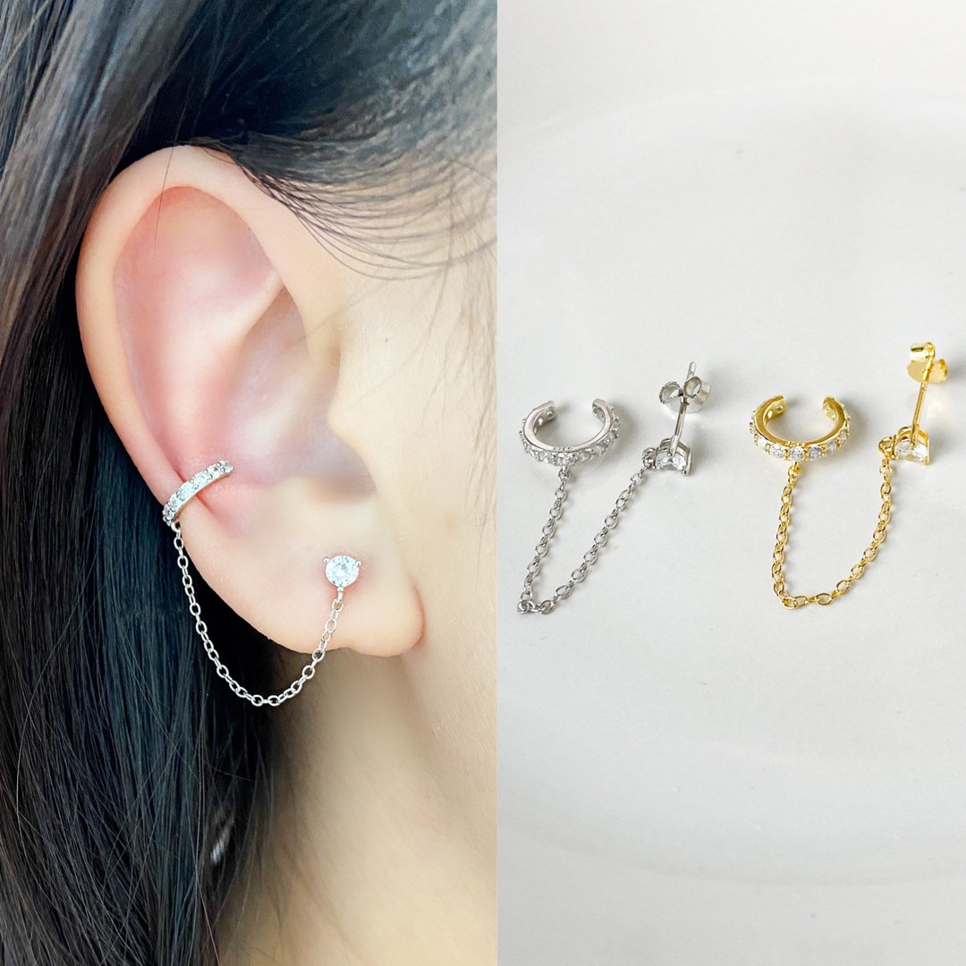 Minimalist Sterling Silver CZ Ear Cuff and Chain Earring, Clip on Conch