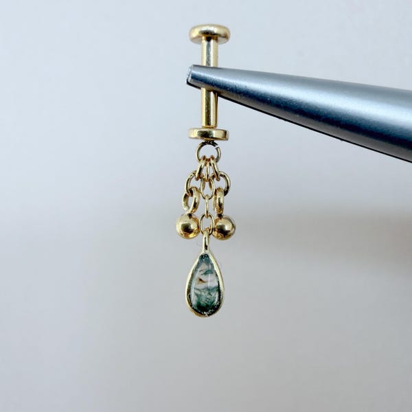 Dainty Gold Moss Agate Pear Ball Charm F136 Titanium 16G 18g Push Pin Flat Back Vertical Helix Piercing, Vertical hidden rook piercing