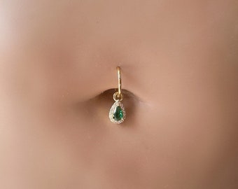 16g 14g Dainty Emerald Teardrop Hoop Belly Ring, 316L Surgical steel gold, belly piercings, 8mm, 10mm or 10mm, Hoop Piercing, belly hoop