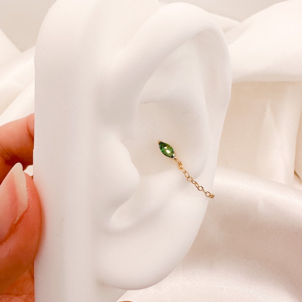 Dainty Emerald Marquis Crystal 18kt Gold Sterling Silver Chain Baguette CZ conch piercing, cartilage piercing, conch hoop, chain earrings