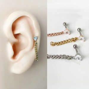 Cz heart and chain piercing, cute piercings, 16 gauge, surgical steel piercing, helix earrings, conch piercings