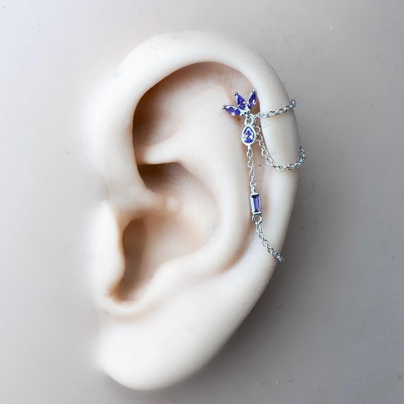 Dainty Triple Chain Amethyst CZ Helix Piercing, Cartilage Piercing