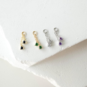 Dainty Double Emerald CZ Chain Dangle Helix Hoop Charm, sterling silver, 316L Surgical Steel piercing, cartilage piercing, helix piercing