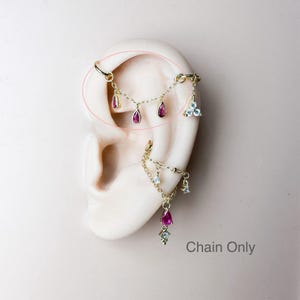 Dainty industrial barbell ruby cz triple pear shaped charm chain (only) for piercing, helix chain earring,conch chain piercing 14g, 16g, 18g